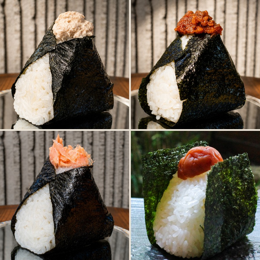 Four Onigiri by Hyuga rice balls — tuna mayo, spicy pork, salted salmon and umeboshi