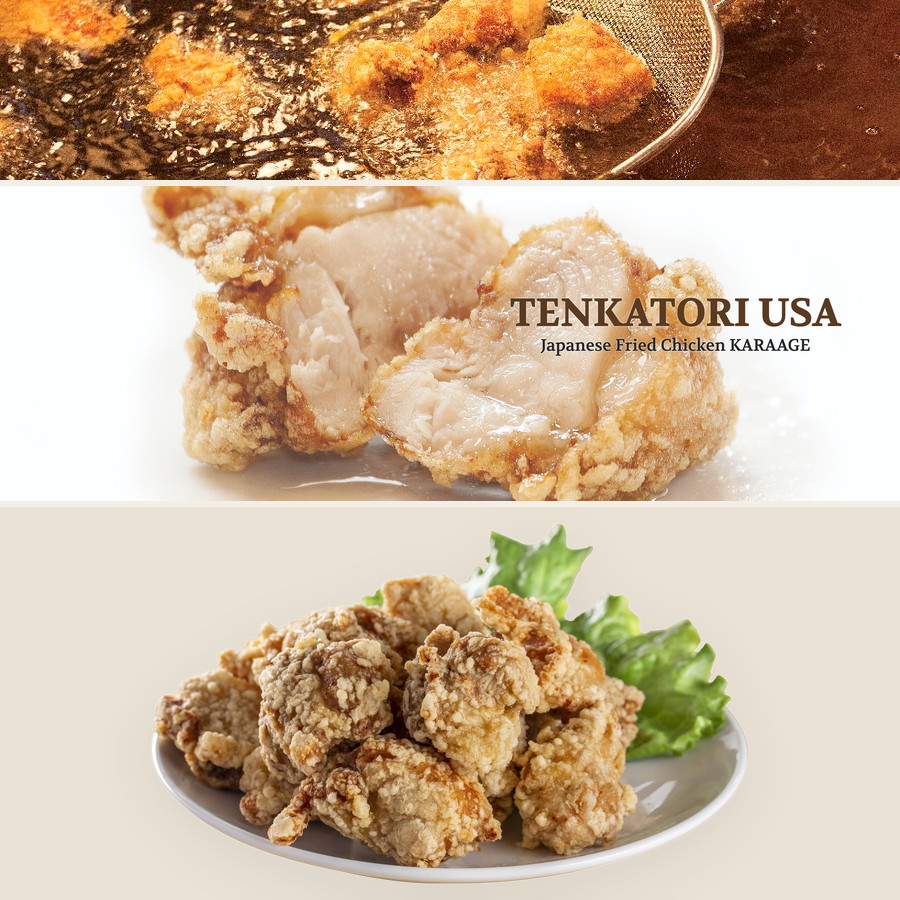 Karaage frying in oil, the Tenkatori USA banner, and a plated portion of karaage